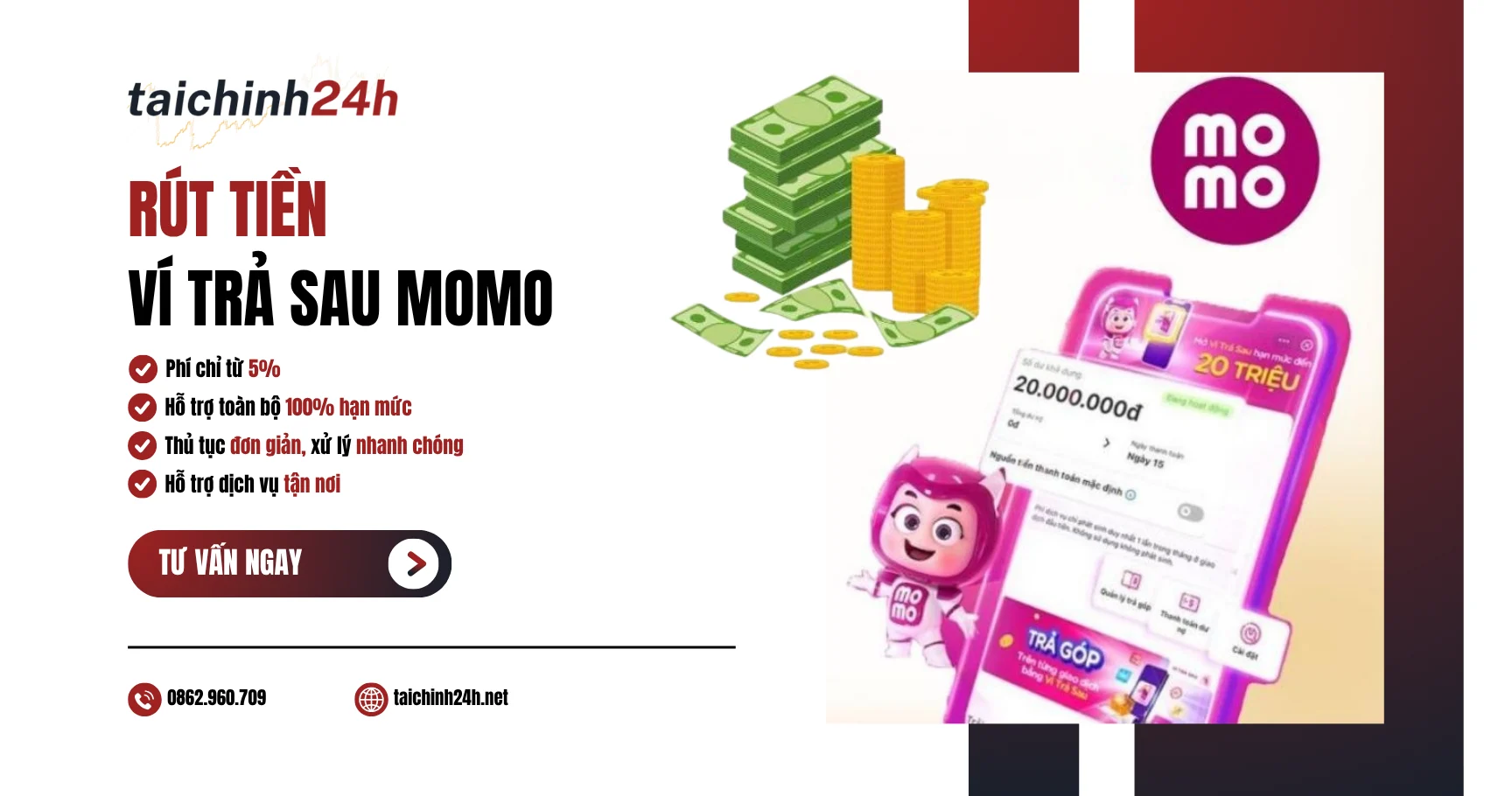 Rút tiền ví trả sau MoMo an toàn, phí thấp, hỗ trợ 100% hạn mức